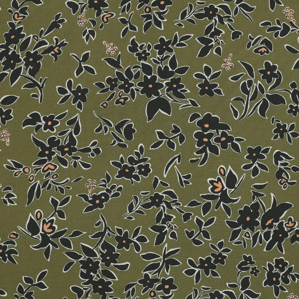 Viscose 'Radiance Flowers' kakigroen met groene bloemen - Pommé